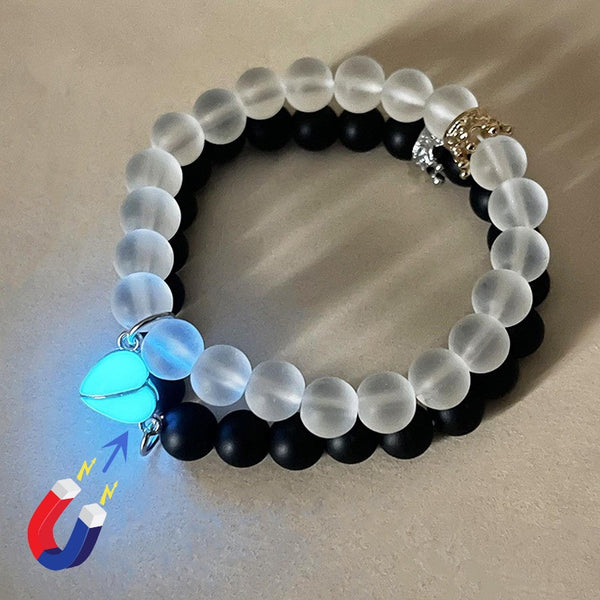 2pcs Handmade Crown Beaded Bracelet, Heart Glow In The Dark Couple Bracelet .